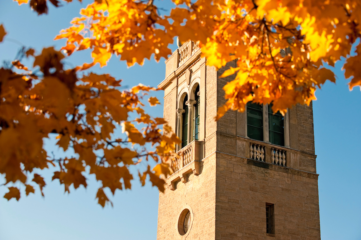 A view of the Carillon Tower framed by orange autumn leaves.
