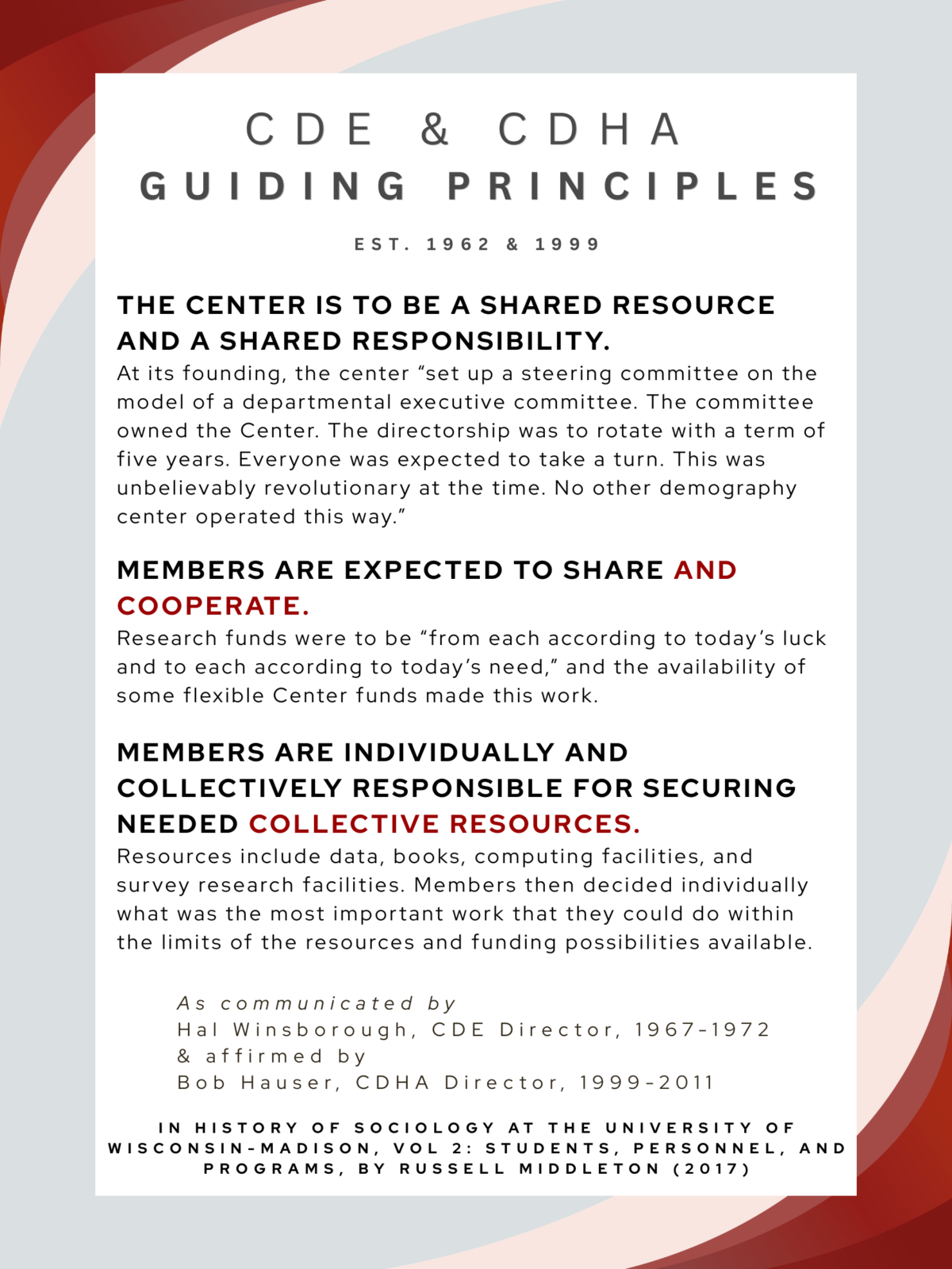 CDHA Guiding Principles established in 1962 & 1999. THE CENTER IS TO BE A SHARED RESOURCE
AND A SHARED RESPONSIBILITY. 
At its founding, the center “set up a steering committee on the
model of a departmental executive committee. The committee
owned the Center. The directorship was to rotate with a term of
five years. Everyone was expected to take a turn. This was
unbelievably revolutionary at the time. No other demography
center operated this way.”
MEMBERS ARE EXPECTED TO SHARE AND
COOPERATE.
Research funds were to be “from each according to today’s luck
and to each according to today’s need,” and the availability of
some flexible Center funds made this work. 
MEMBERS ARE INDIVIDUALLY AND
COLLECTIVELY RESPONSIBLE FOR SECURING
NEEDED COLLECTIVE RESOURCES.
Resources include data, books, computing facilities, and
survey research facilities. Members then decided individually
what was the most important work that they could do within
the limits of the resources and funding possibilities available.